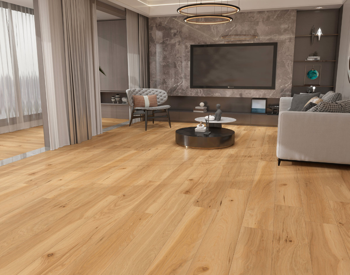 A room finished in Drawbridge Wood Blue Armor flooring
