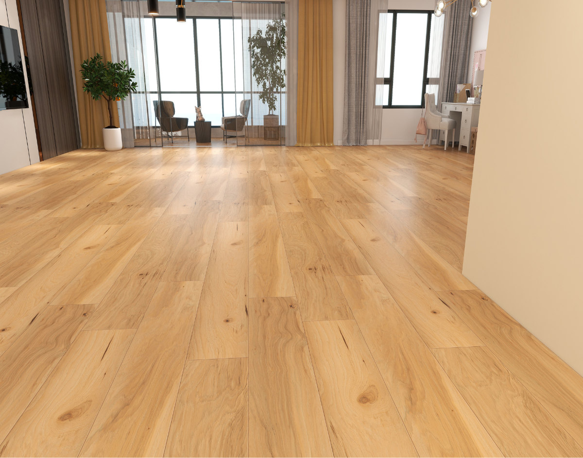 A room finished in Drawbridge Wood Blue Armor flooring
