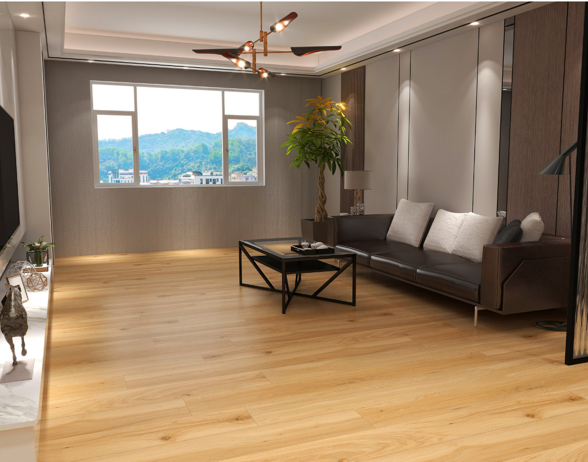 A room finished in Drawbridge Wood Blue Armor flooring