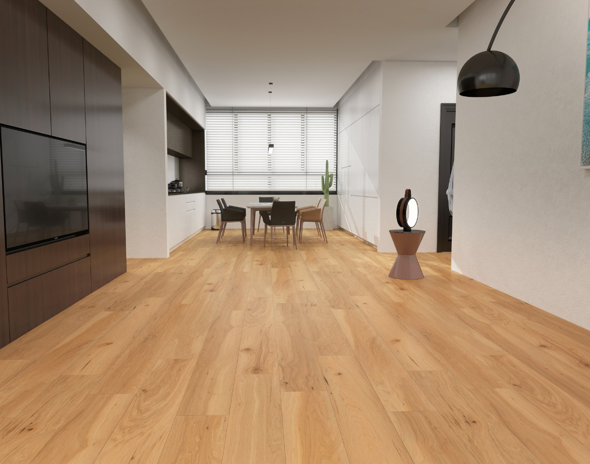 A room finished in Drawbridge Wood Blue Armor flooring