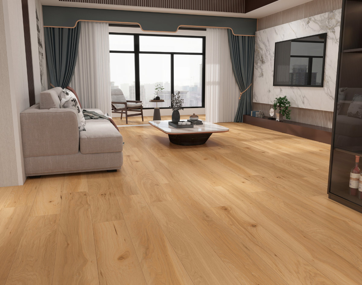 A room finished in Drawbridge Wood Blue Armor flooring