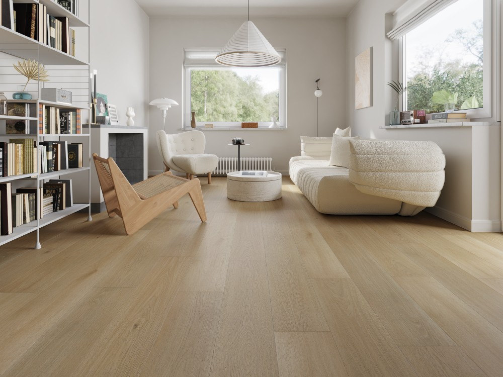 A room finished in Petrified Oak Blue Armor flooring