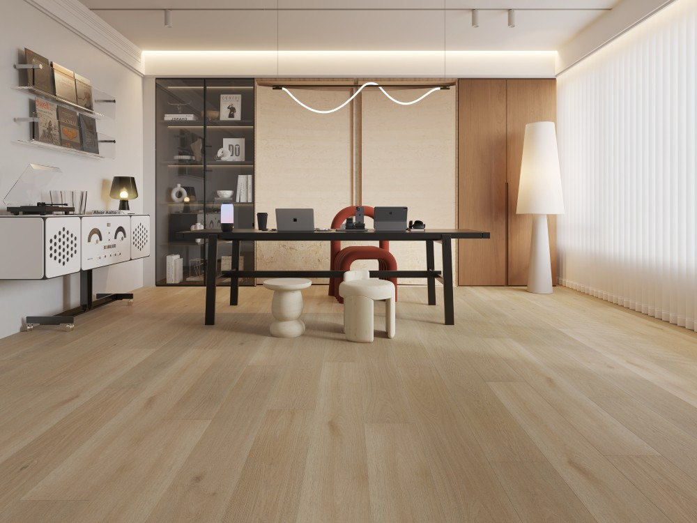 A room finished in Petrified Oak Blue Armor flooring