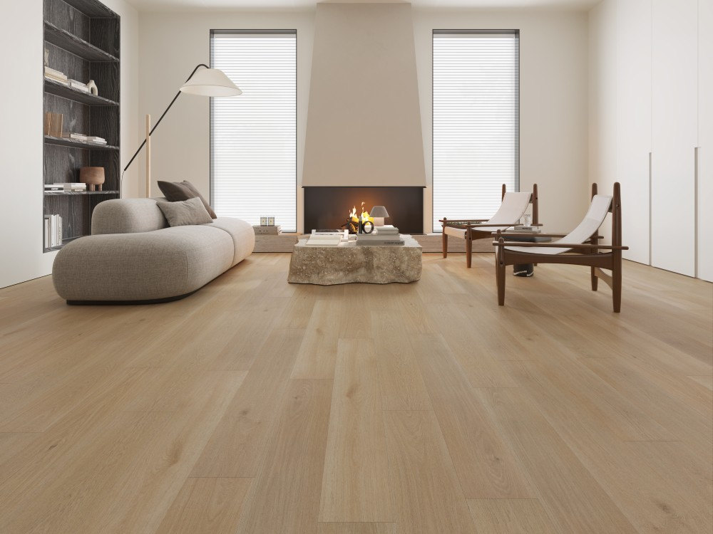 A room finished in Petrified Oak Blue Armor flooring