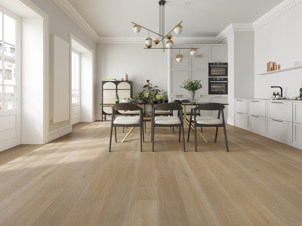 A room finished in Petrified Oak Blue Armor flooring